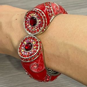 Vintage Hinged Silver Bangle Bracelet with Red Gemstones, EUC